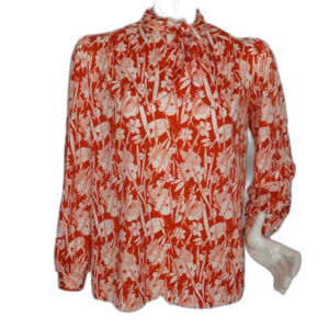 FIRE ISLANDER Vintage Blouse, M, Red-Orange/White, Sketched Floral, Long slvs